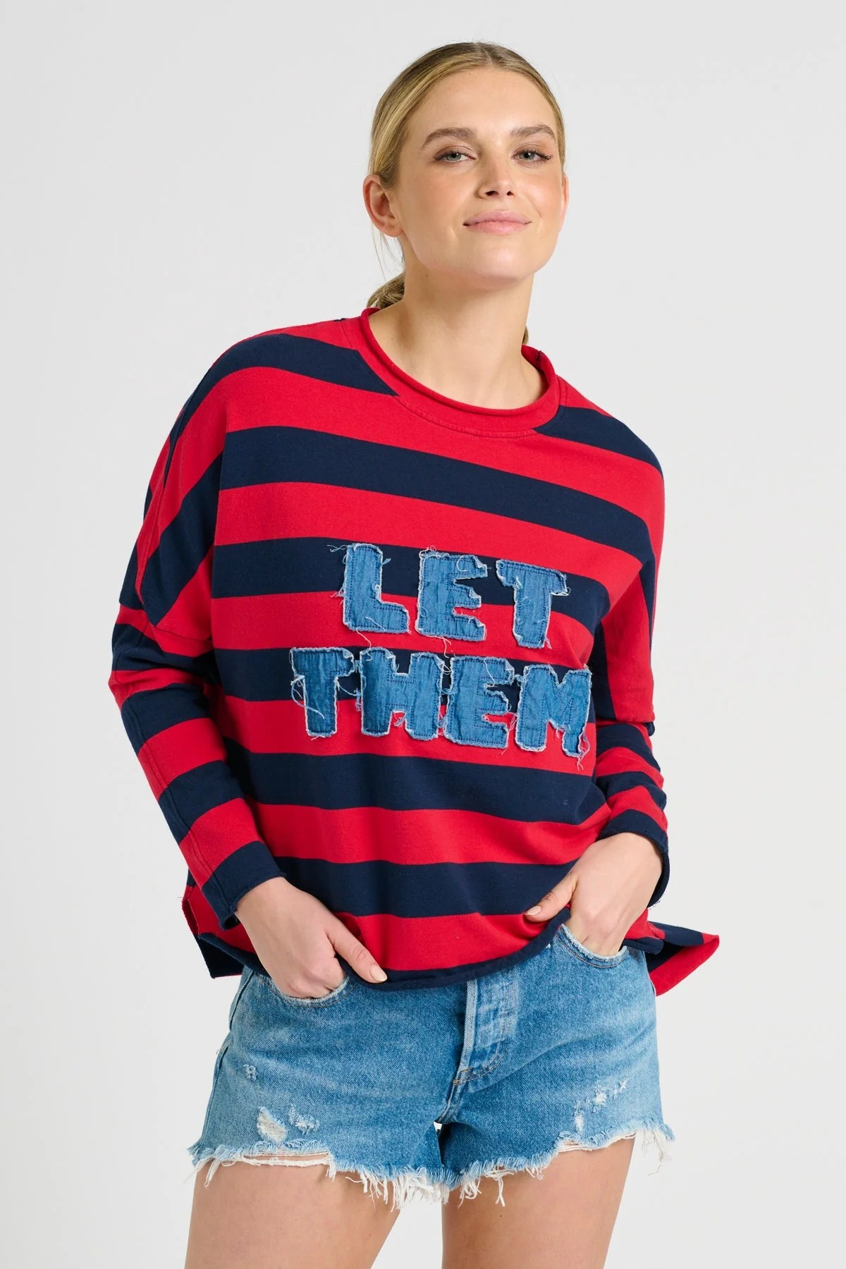 Shirty X EST Raw LET THEM Long Sleeve Sweatshirt - Red & Navy Stripe