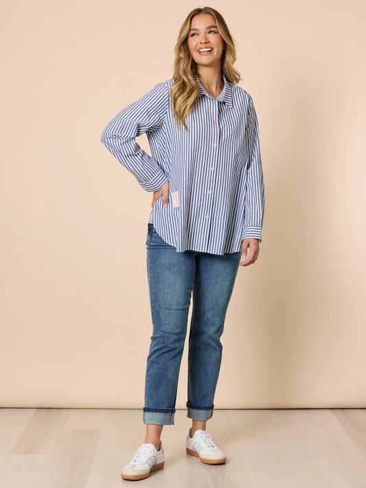 blue and white cotton button‑up shirt relaxed fit | Sterling Belle