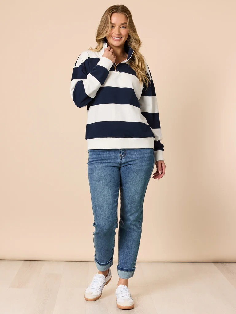 Threadz Varsity Stripe Quarter Zip Sweatshirt - Navy/ Ivory