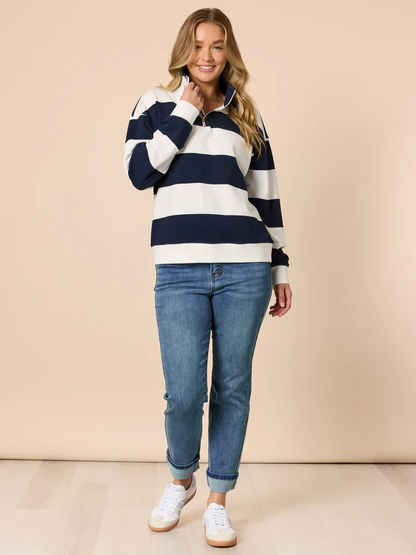 Threadz Varsity Stripe Quarter Zip Sweatshirt - Navy/ Ivory