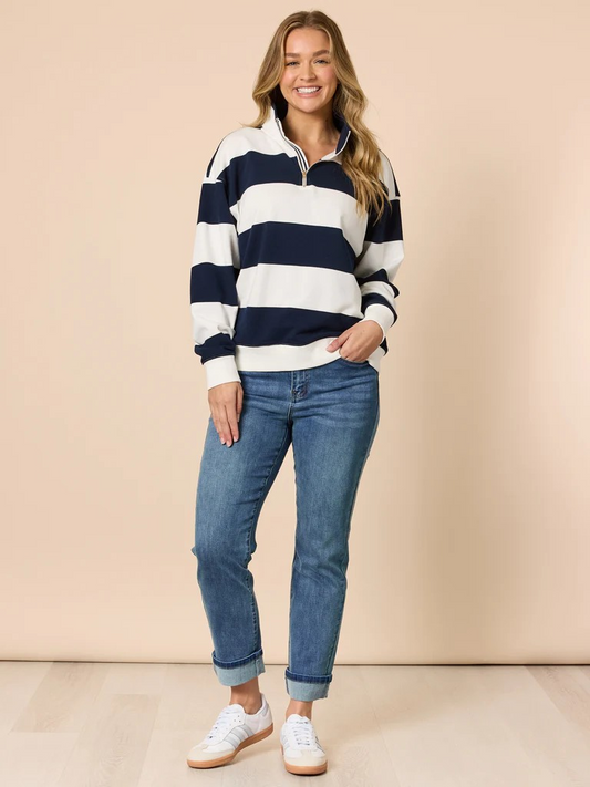 Threadz Varsity Stripe Quarter Zip Sweatshirt - Navy/ Ivory
