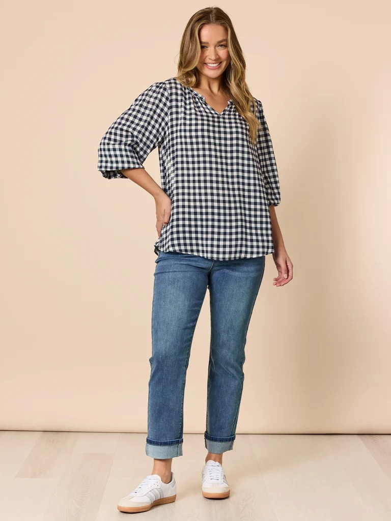 Threadz Gingham Check Print Top - Navy/ Ivory