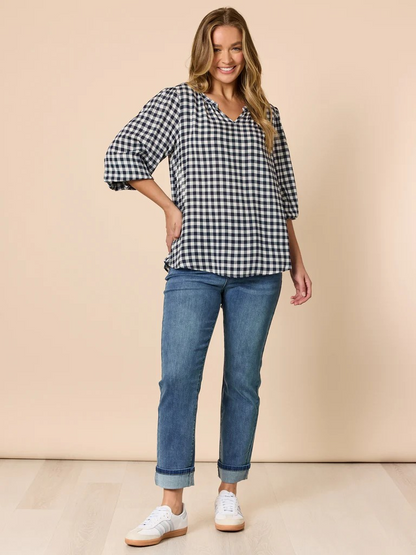 Threadz Gingham Check Print Top - Navy/ Ivory