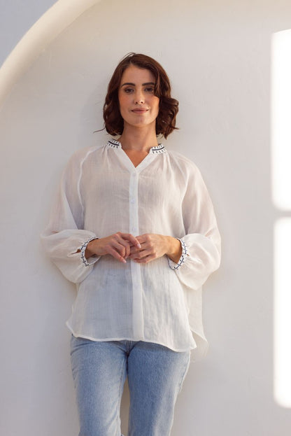 See Saw 100% Rami 3/4 Sl Embroidery Detail Shirt White