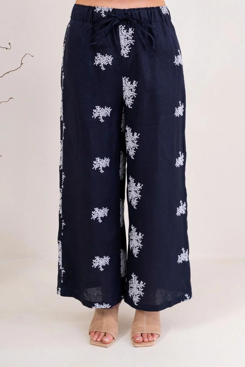 See Saw 100% Linen 7/8 Drawstring Pant - Navy/White Blossom