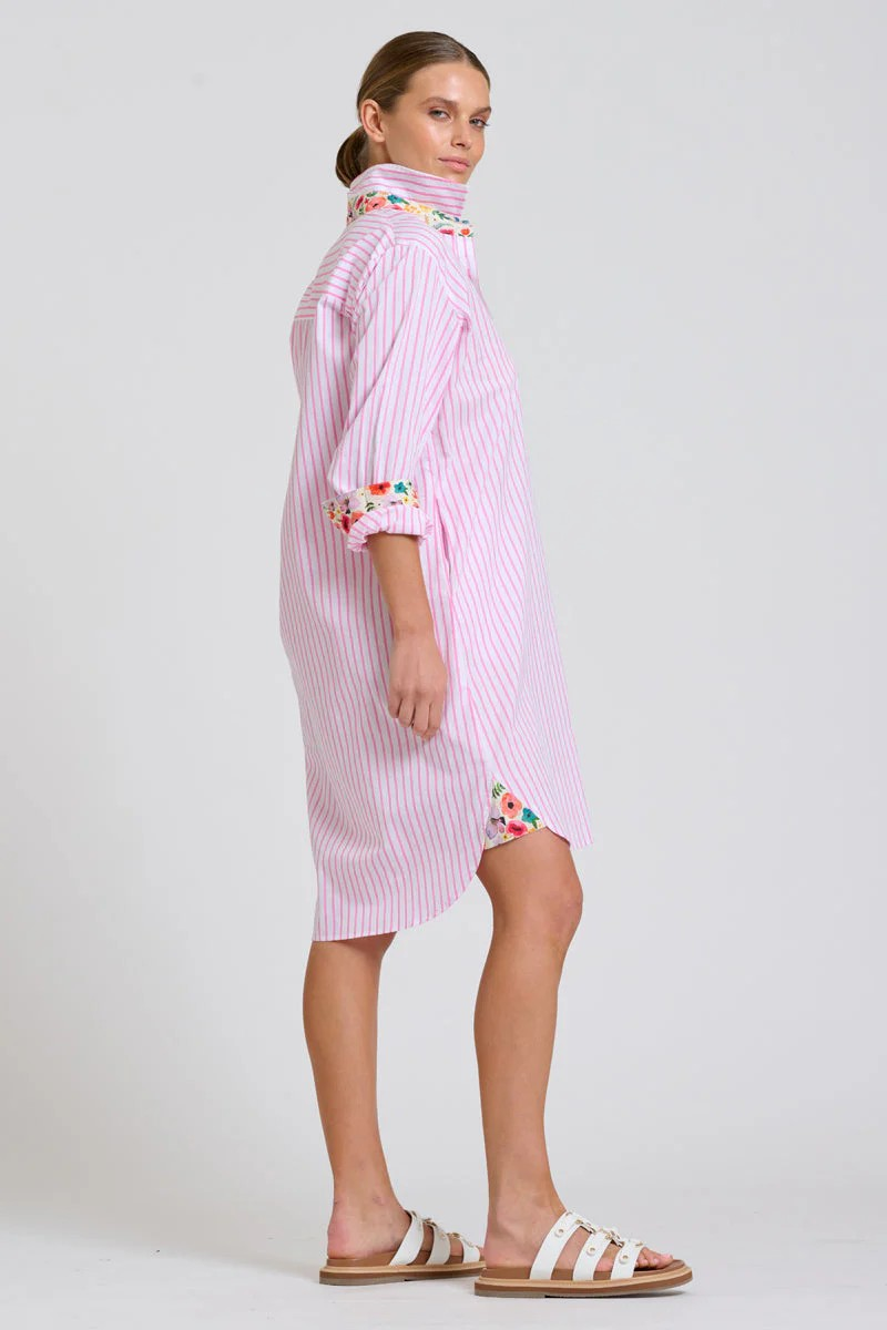 Shirty Popover Shirtdress - White with Pink Stripe Floral Trim