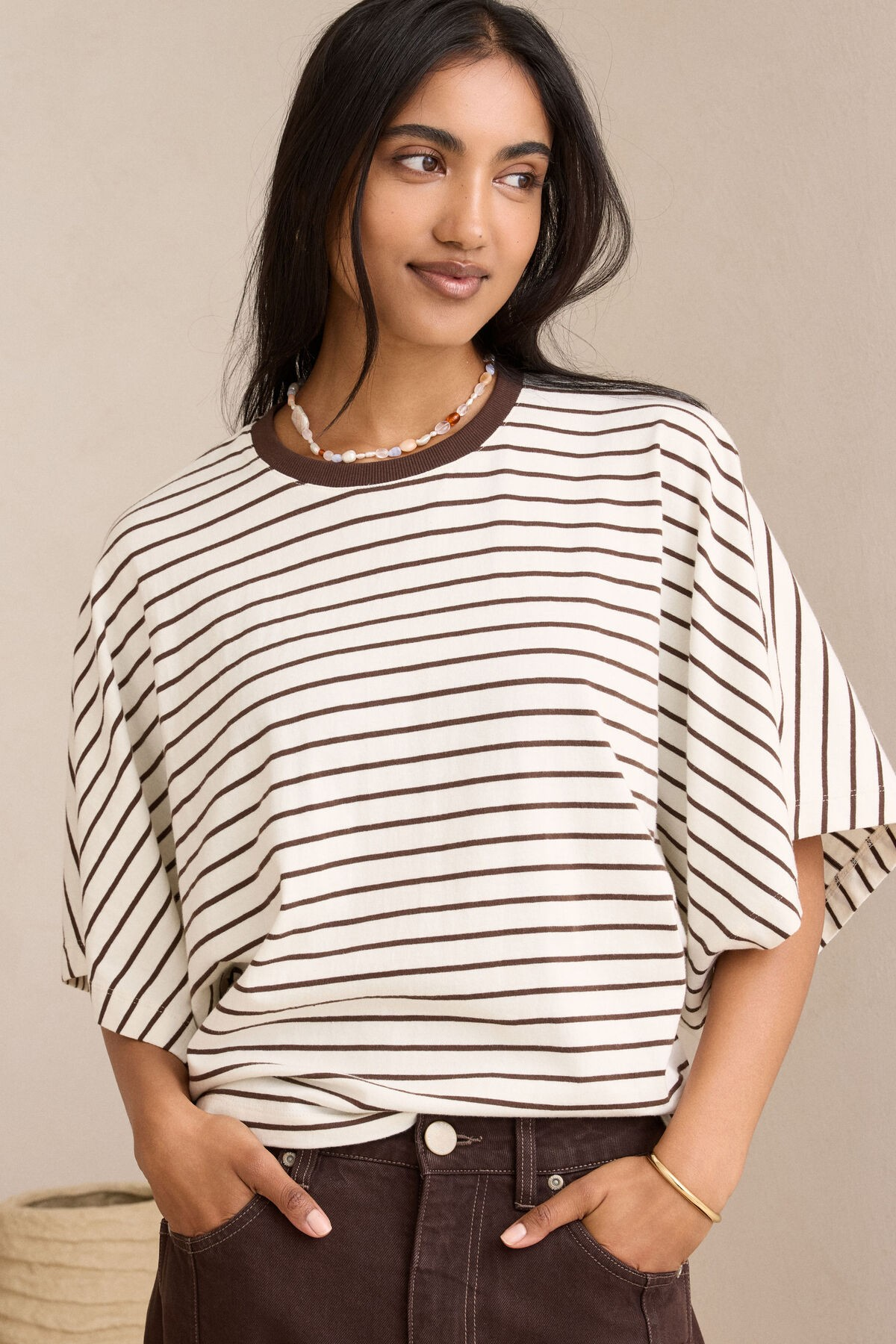 Ceres Life Lucy Relaxed Sleeve Tee - Milk/Brunette Stripe