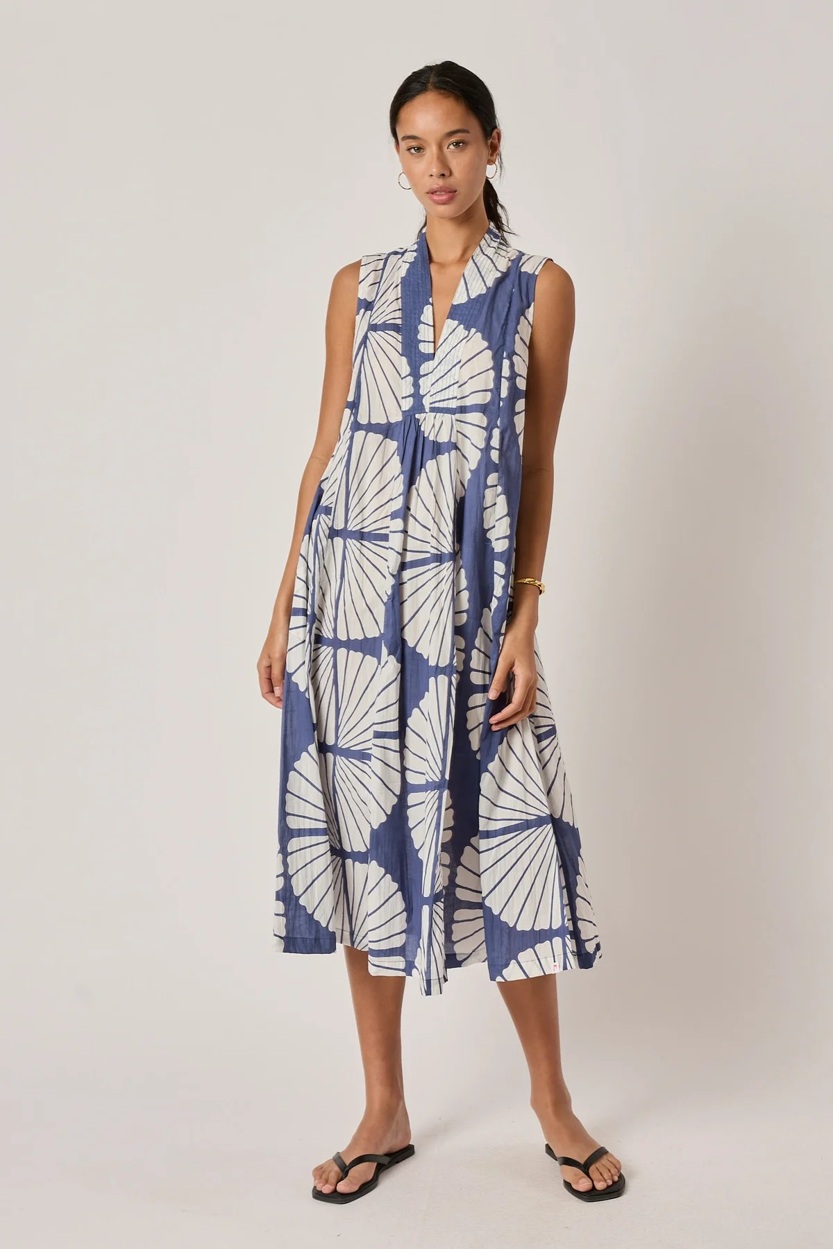 Navy and White Printed Cotton V-Neck Midi Dress Australia