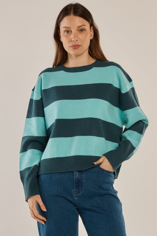 Betty Basics Leonie Knit Sweater - Teal Green/Blue Stripe