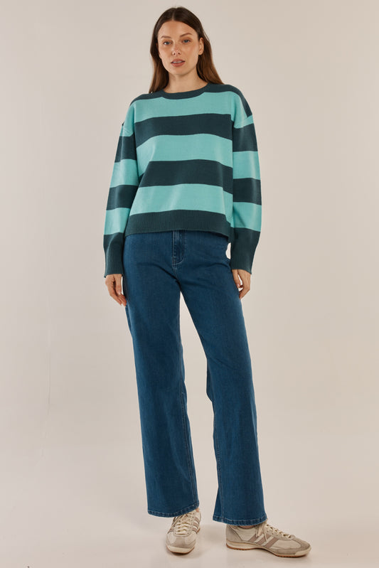 Betty Basics Leonie Knit Sweater - Teal Green/Blue Stripe