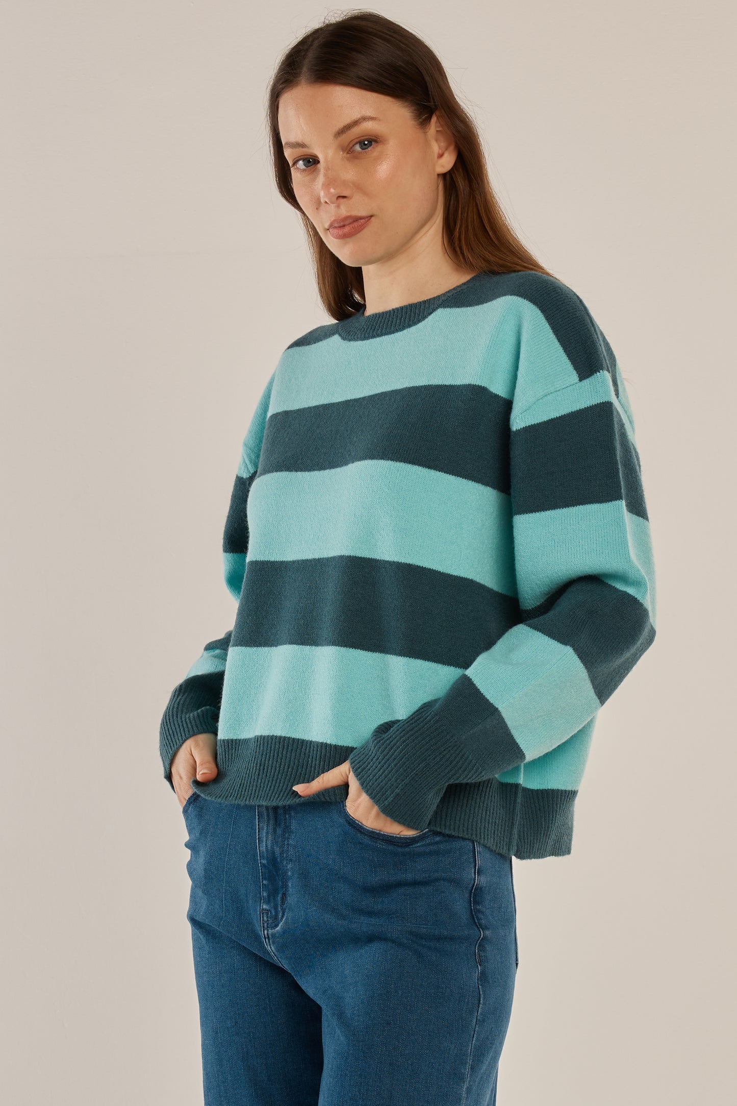 Betty Basics Leonie Knit Sweater - Teal Green/Blue Stripe