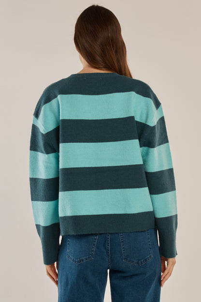 Betty Basics Leonie Knit Sweater - Teal Green/Blue Stripe