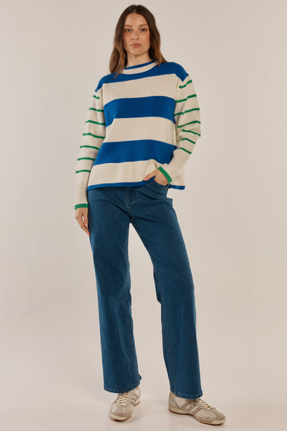 Betty Basics Camryn Knit Sweater - Blue/Green Stripe