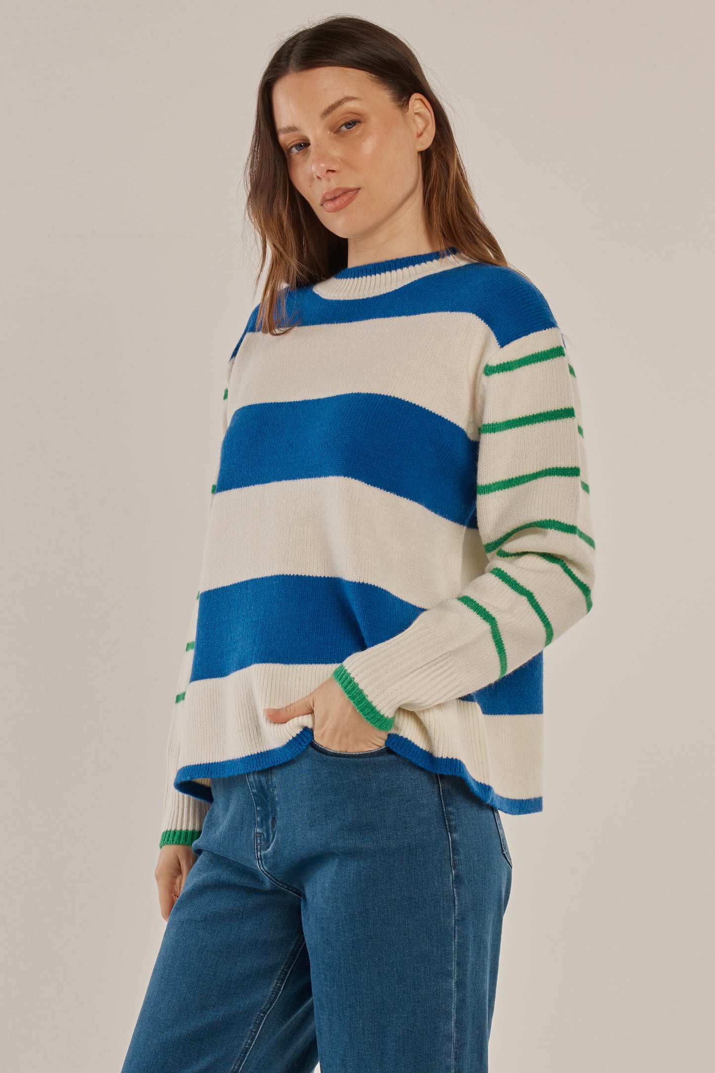Betty Basics Camryn Knit Sweater - Blue/Green Stripe