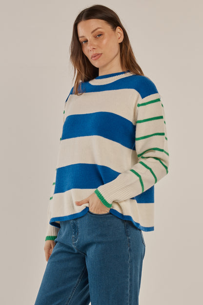 Betty Basics Camryn Knit Sweater - Blue/Green Stripe