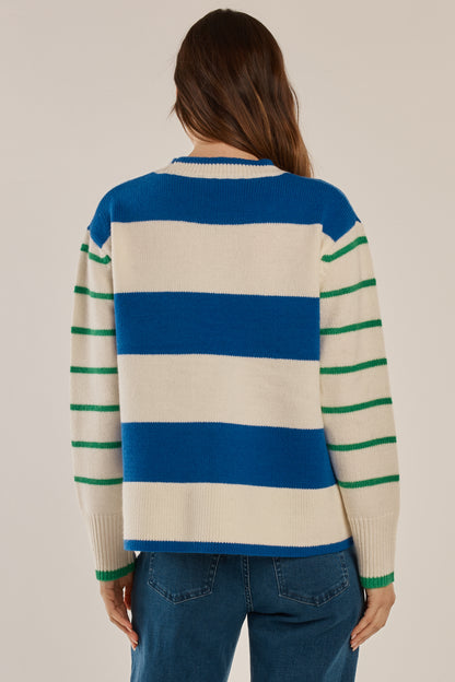 Betty Basics Camryn Knit Sweater - Blue/Green Stripe