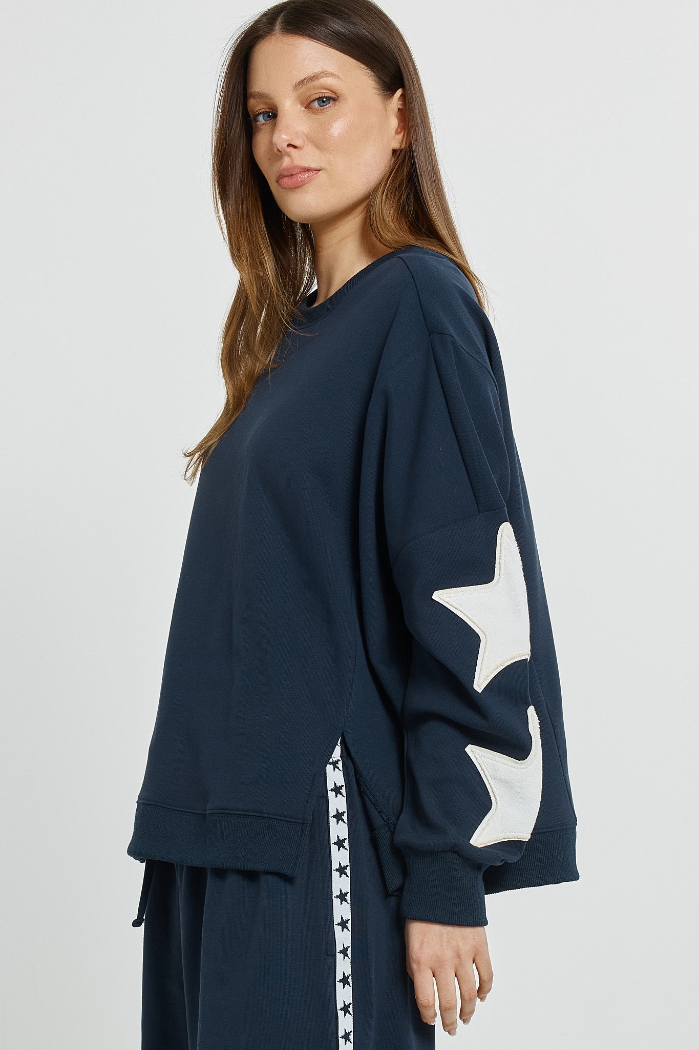 Betty Basics Relaxed Fit Sweatshirt Navy with Large white star appliqué sleeves 