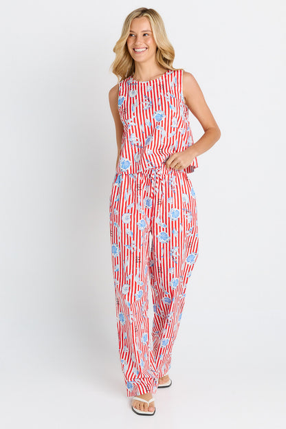Red stripe tank top with blue seashell print