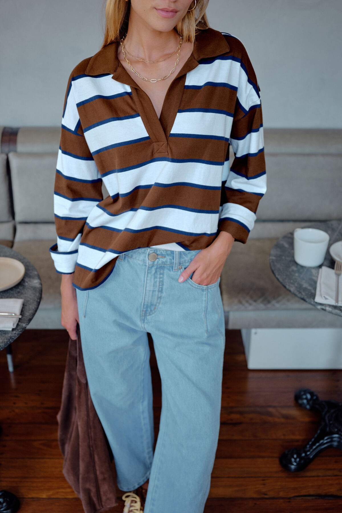 Ceres Life Shelby Slouchy Rugby Top - Toffee/White/Heritage Navy