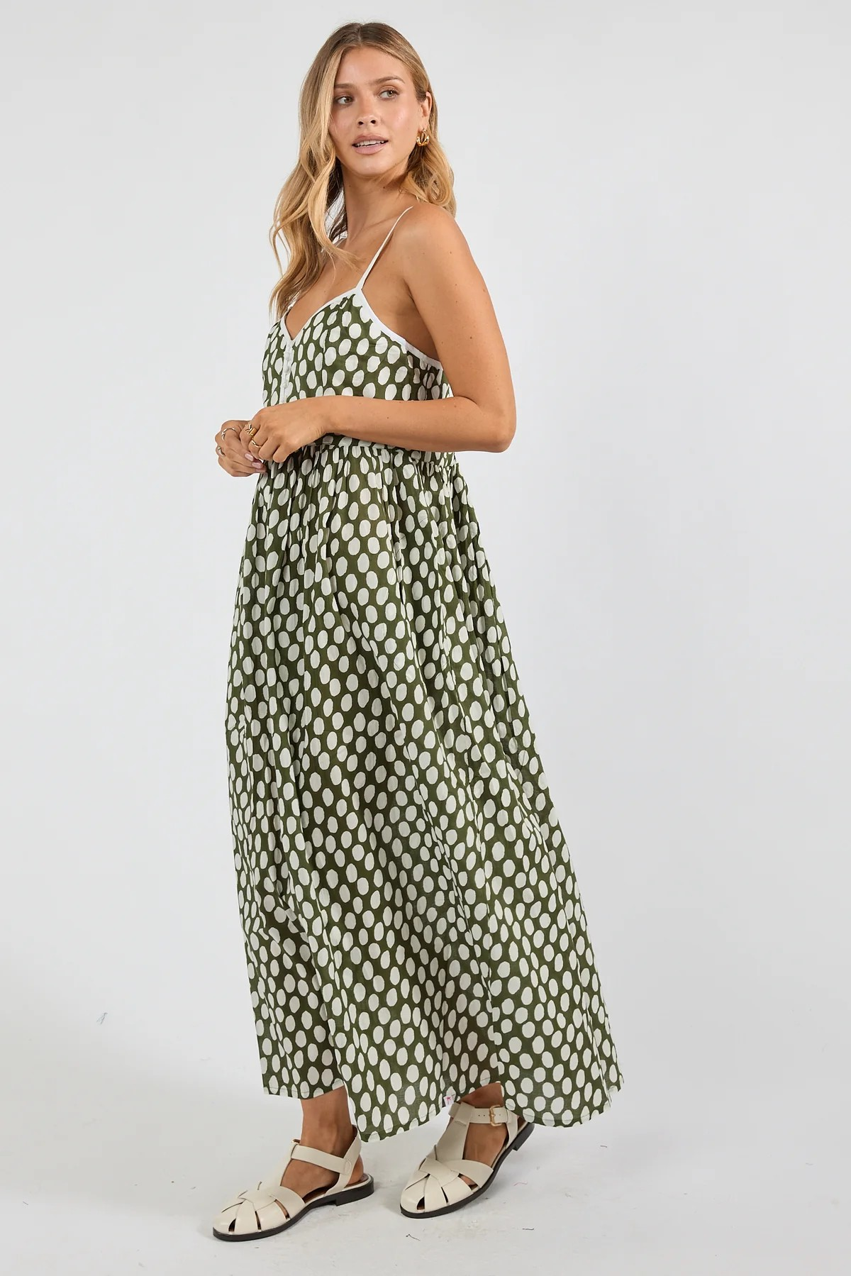 Ibisa Cotton Maxi Dress with Spaghetti Straps and Fitted Bodice