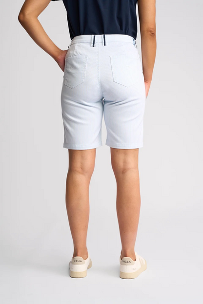 blue pinstripe denim Bermuda shorts