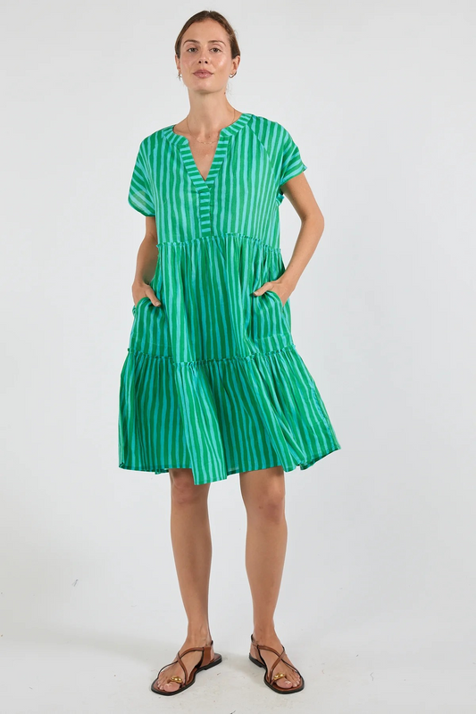 Ibisa Dixie Dress in Sea with Green and White Stripes | Sterling Belle Australia
