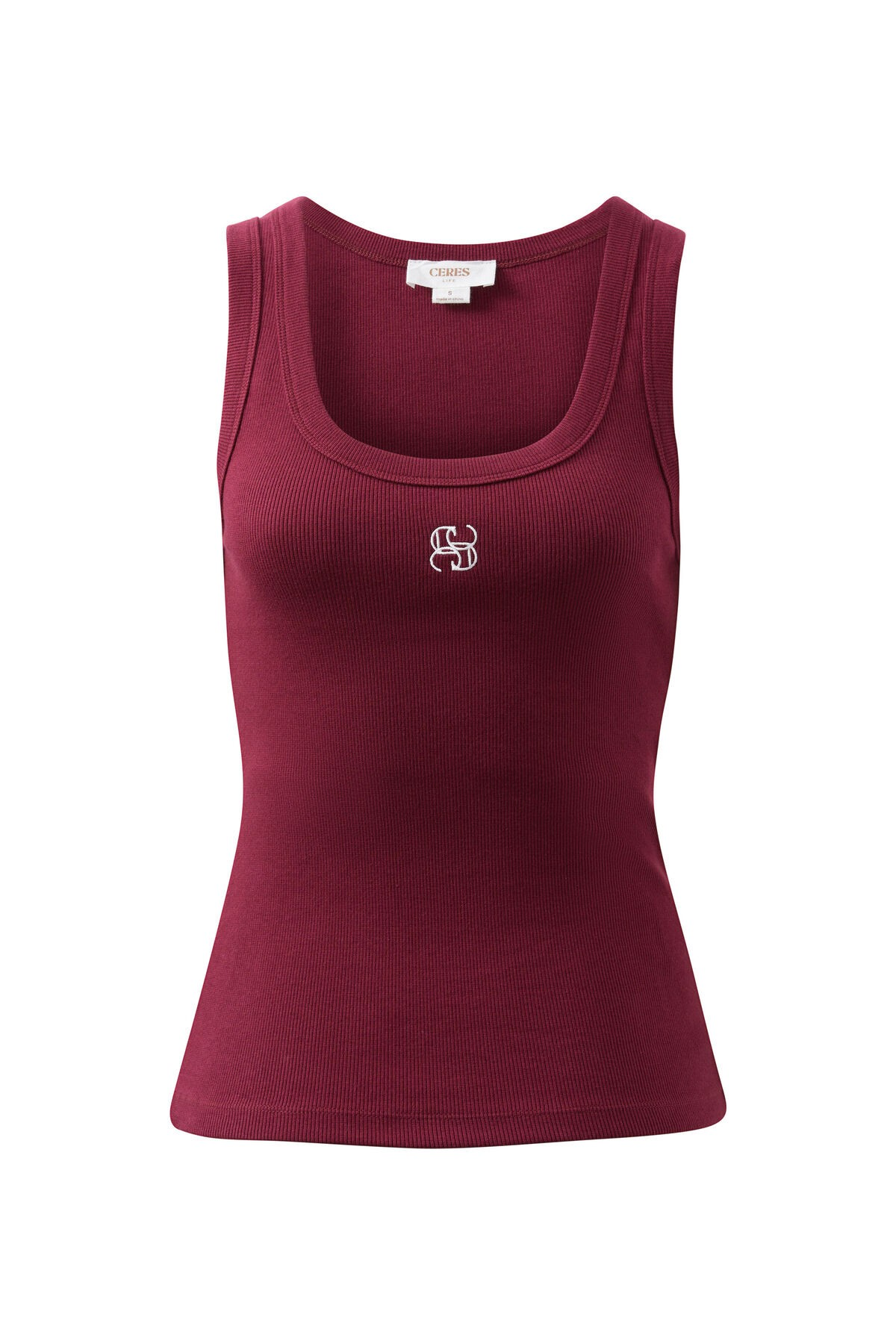 Ceres Life Zoe Contour Rib Scoop Tank - Pomegranate/monogram embroidery