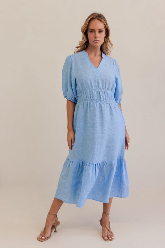 Kaleido 100% Linen Gather Detail Dress - Chambray