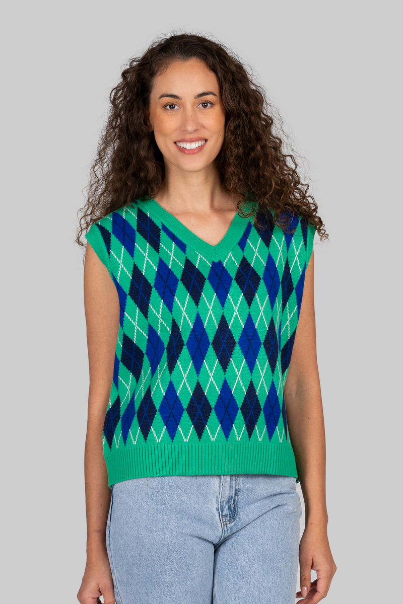 Kaleido Viscose Blend Argyle Vest Palm Green Combo