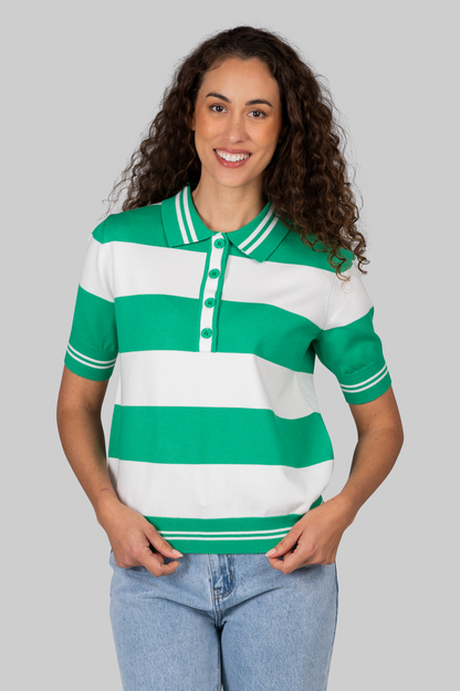 Kaleido Viscose Blend Collared Wide Stripe Polo Shirt White / Palm Green