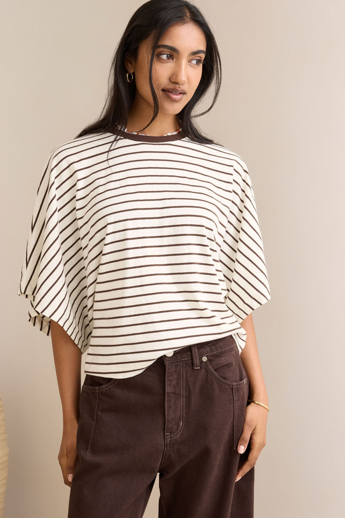 Ceres Life Lucy Relaxed Sleeve Tee - Milk/Brunette Stripe