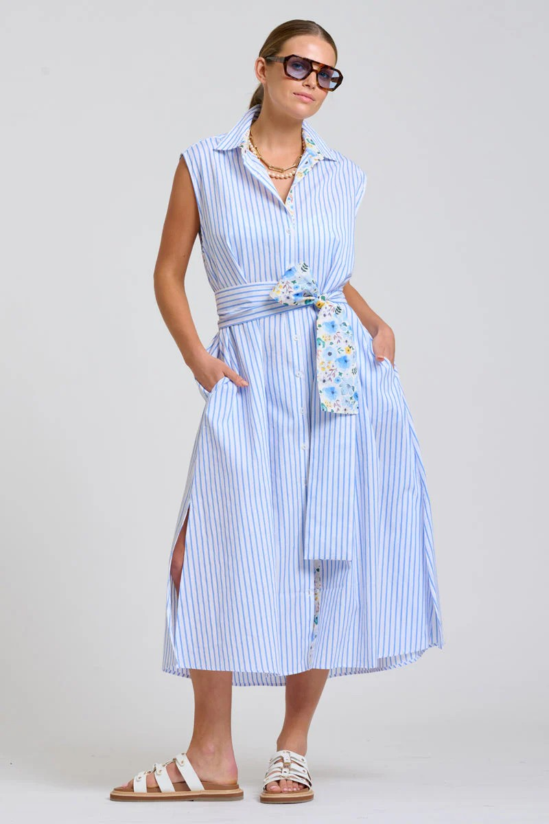 Shirty Sloane Oversized Sleeveless Shirt Dress - White with Blue Stripe Floral Trim
