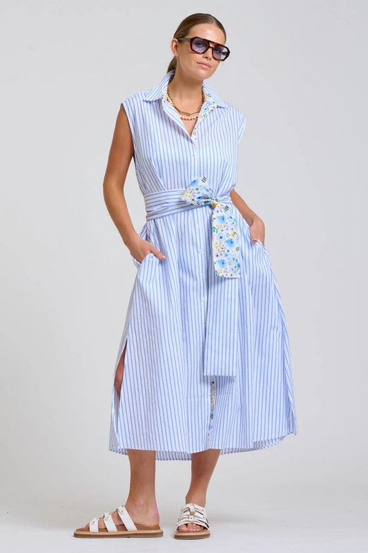 Shirty Sloane Oversized Sleeveless Shirt Dress - White with Blue Stripe Floral Trim
