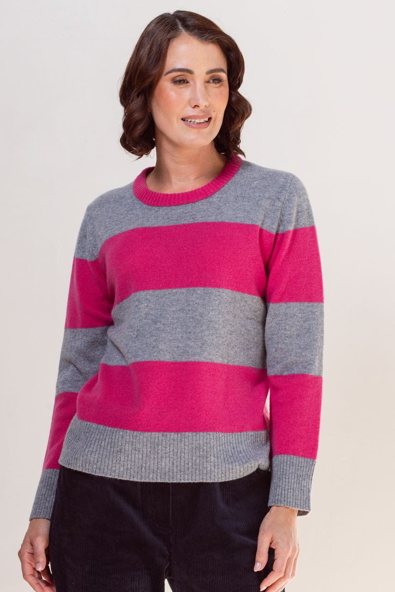 See Saw 100% Merino Wool (Cashfeek_) Wide Stripe Sweater Pink/ Grey