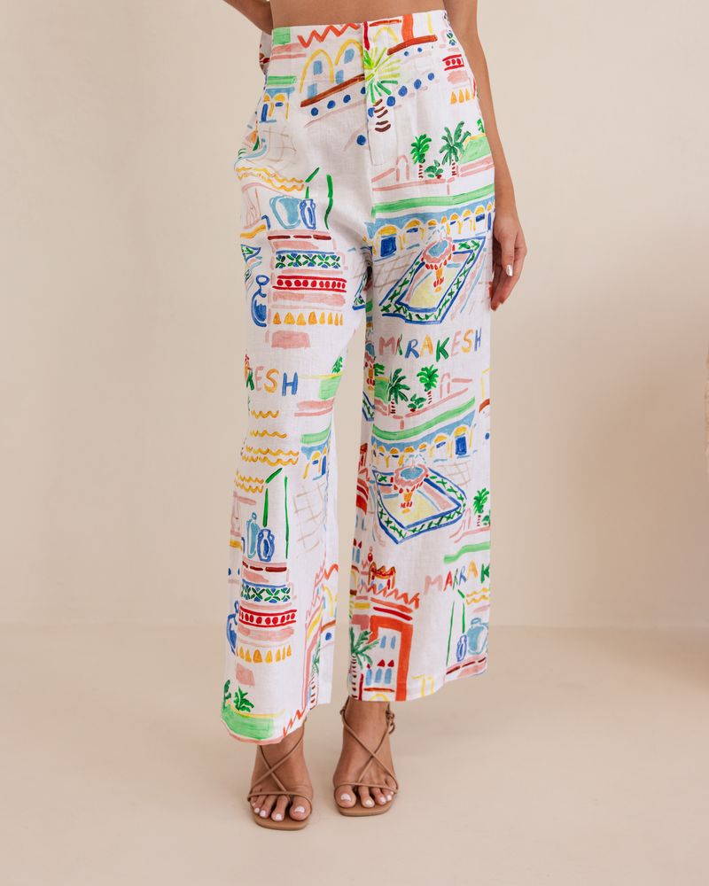 Kaleido 100% Linen High Waisted Wide Leg Pants - Marrakesh