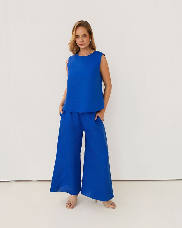 Kaleido 100% Linen Elastic Waist Split Leg Pant - Blue Oasis