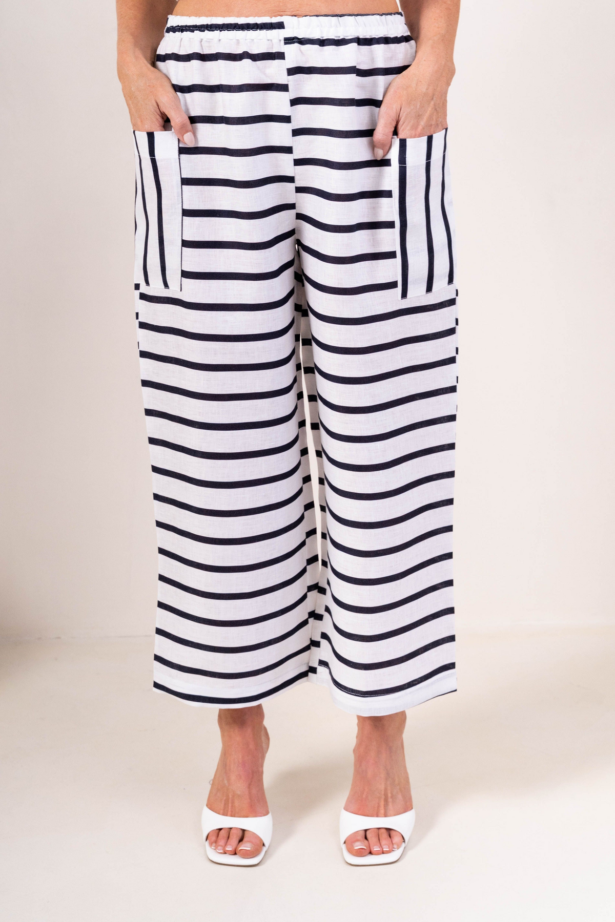See Saw 100% Linen Elastic Waist - Navy/White Stripe 