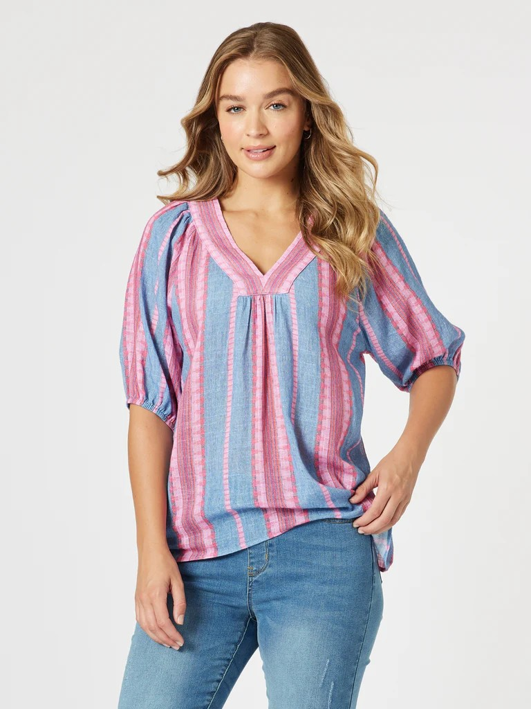 Threadz Bloom Stripe Top Indigo Pink
