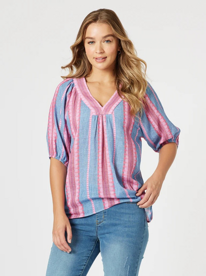 Threadz Bloom Stripe Top Indigo Pink
