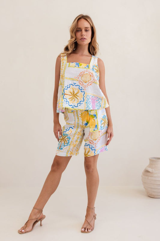 Kaleido 100% Linen Square Neck Tank - Amalfi Dreams