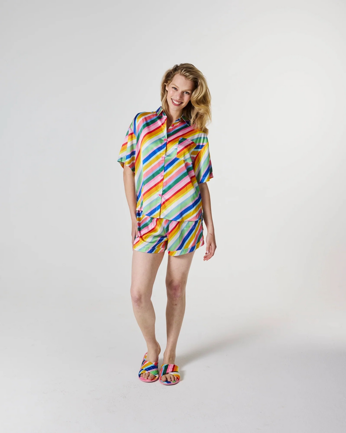 Kip and Co Fete Diagonal Stripe Adult Eco Satin Shirt & Short Pyjama Set