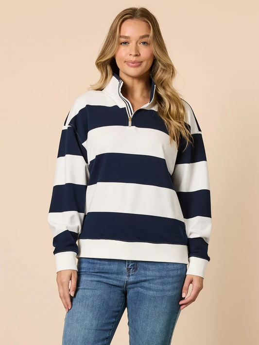 Threadz Varsity Stripe Quarter Zip Sweatshirt - Navy/ Ivory