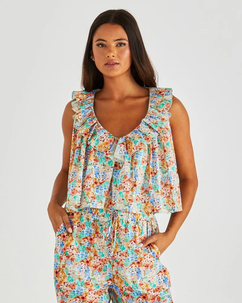 Sass Panna Ruffled Neck Tank - Blossom