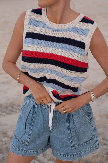 Ceres Life Textured Multi Stripe Knit Tank - Heritage red stripe