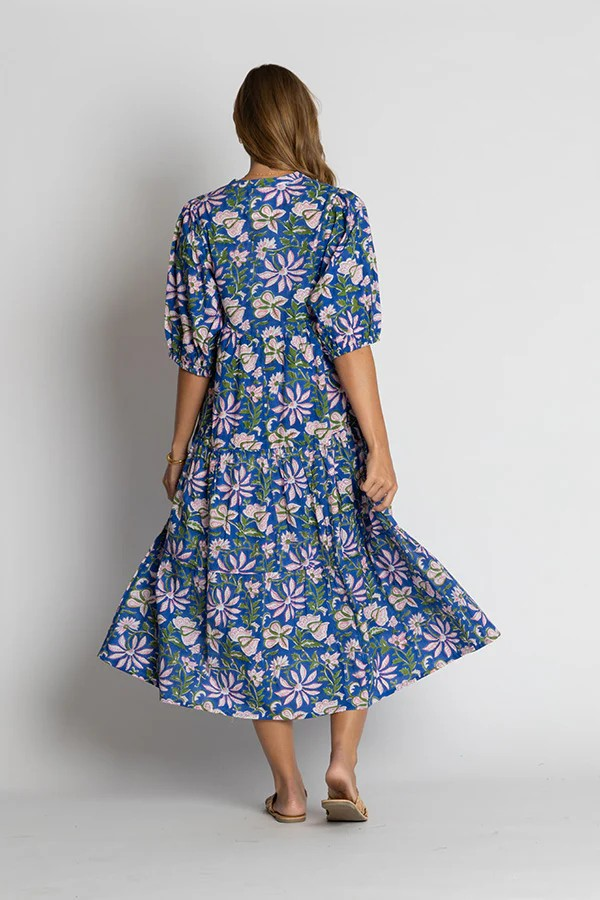 Blue Floral IBSA Minnesota Midi Dress with Sleeves