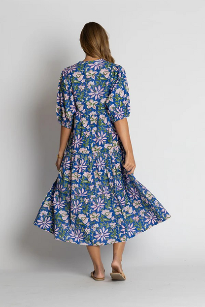 Blue Floral IBSA Minnesota Midi Dress with Sleeves