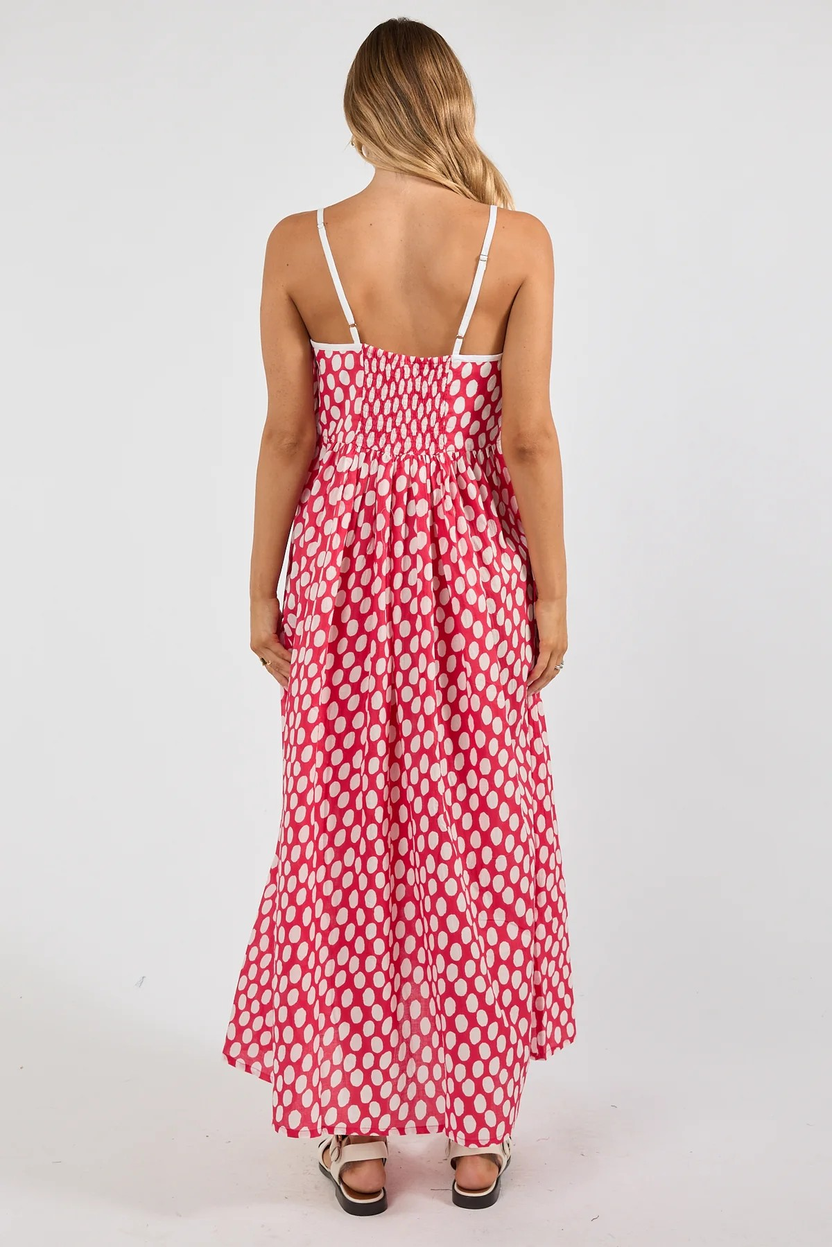 Polka Dot Print Cotton Sleeveless Maxi Sundress with Fitted Bodice