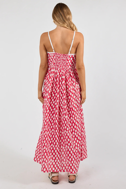 Polka Dot Print Cotton Sleeveless Maxi Sundress with Fitted Bodice
