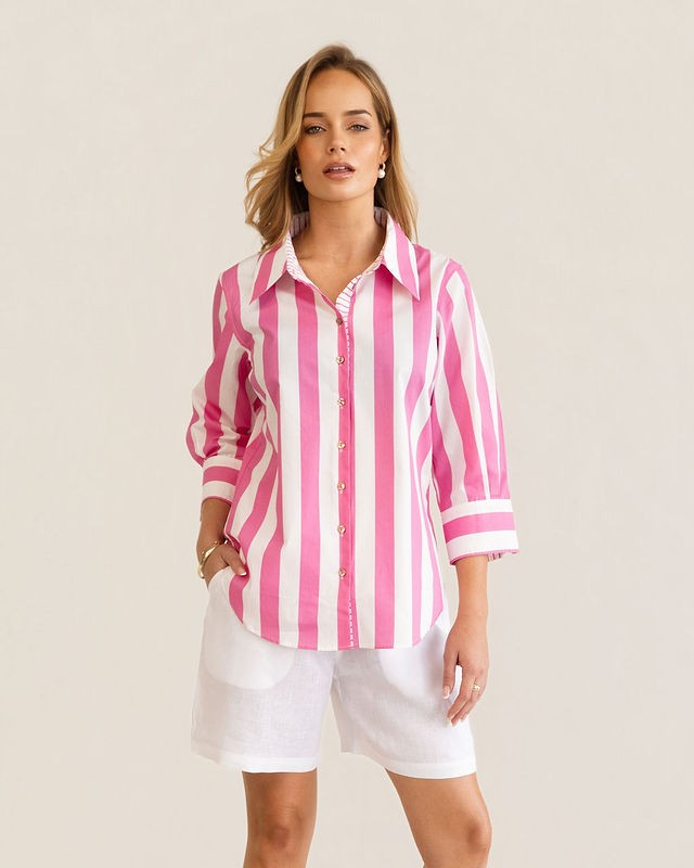 Kaleido 100% Cotton 3/4 Sleeve Classic Shirt - Pink Block Stripe