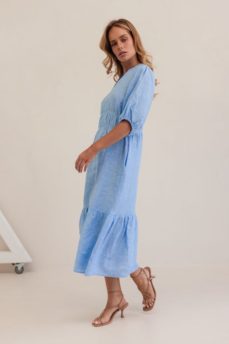 Kaleido 100% Linen Gather Detail Dress - Chambray